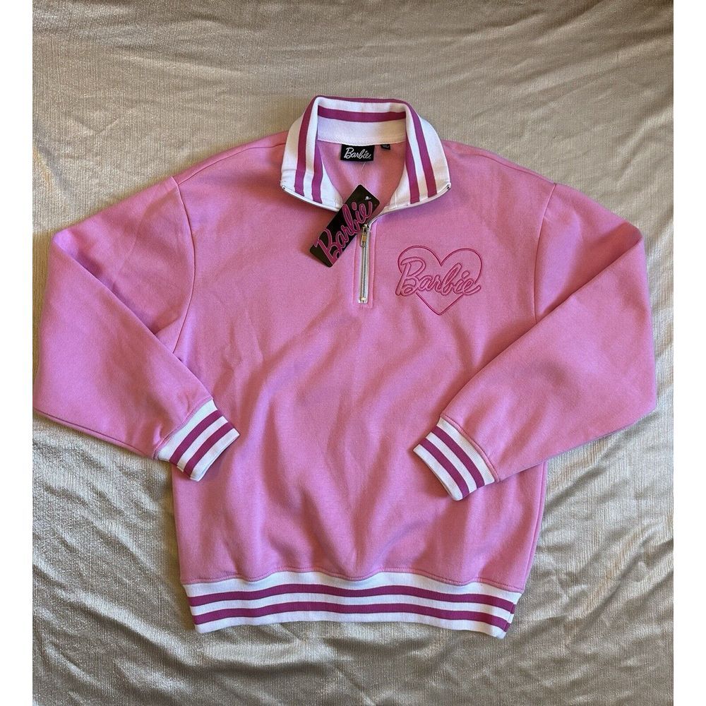 NEW Barbie Pink Stripe Pullover‎ Sweatshirt 1/4 Zip Women's Medium Embroidered